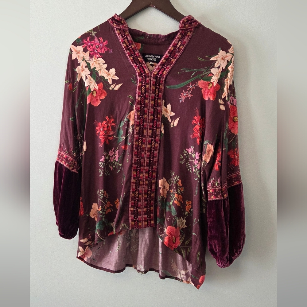 Johnny Was Paris Effortless Blouse with Floral Embroidery & Velvet Sleeve Detail